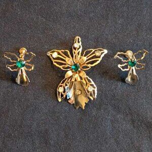 Vintage 1950's Gold & Green Orchid Brooch and Earring Set (screw-on earrings)